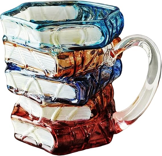 Painted Book Coffee Mug: Novelty Glass Mug,3D Creative Teacher Gifts, Gifts for Book Lovers, Glass Mug in Shape of Stacked Books,315ML