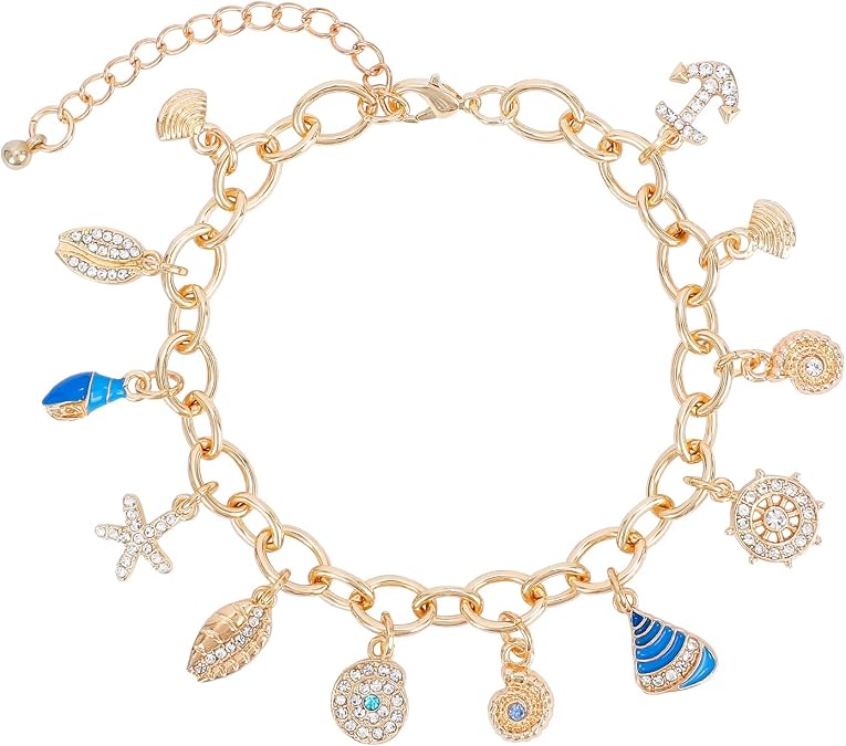 Gold Ocean Charm Bracelet for Women Dangle Gold Seashell Starfish Conch Ship Anchor Pendant Link Bracelet Bohemian Sea Shell Bracelets Adjustable Boho Summer Beach Vacation Jewelry for Women