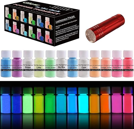 Glow in the Dark Pigment Powder, 12 Color 0.7oz/20g Epoxy Resin Luminous Powder Set for Resin Art, Nail Art, Acrylic Paint and DIY Crafts, Gift for Birthday Christmas Halloween Party