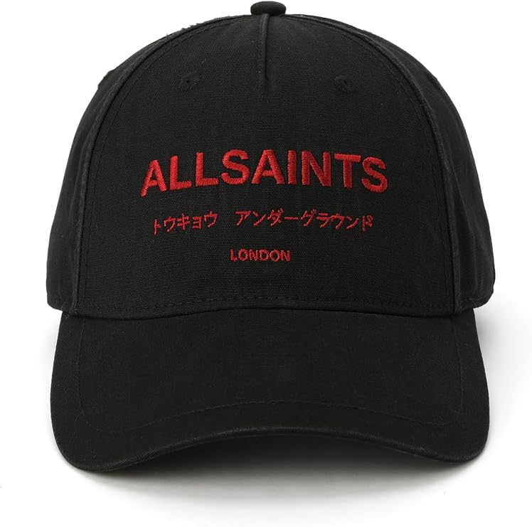 AllSaints Men's Underground Logo Washed Baseball Cap, Cotton Hat, Adjustable Strap, Curved Brim Black