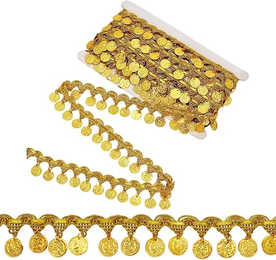 OLYCRAFT 10 Yards Yellow Coin Shape Sequin Tassel Trim Sequin Lace Tassel Fringe Trim 1.6 Inch Width Sequins Tassels Lace Ribbon Fringe Dance Dress Belt Chain for Clothes Decoration Party Accessories