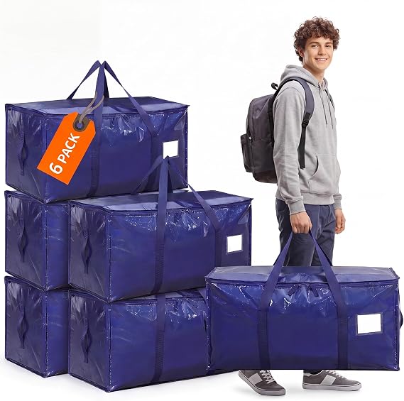 SUNNOW 6 Pack 90L Moving Bags with Handles, College Dorm Storage Bags, Blue