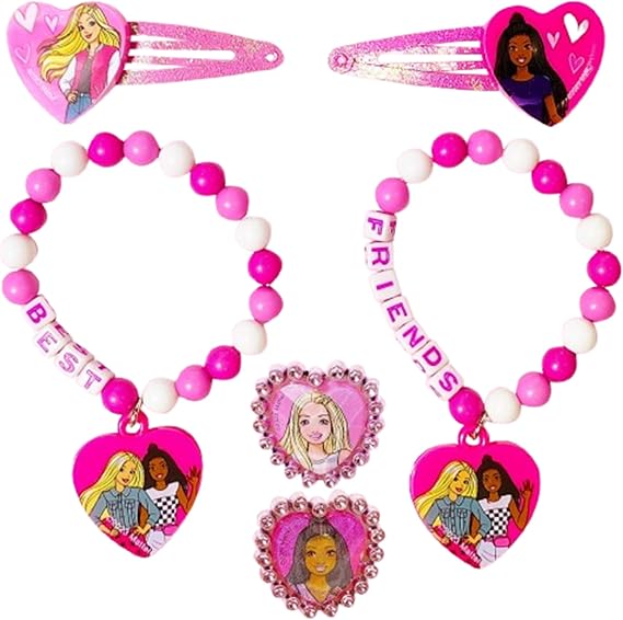 Barbie Accessories for Girls 6 Piece Toy Jewelry Box Set with 2 Rings, 2 Bead Bracelets, and Snap Hair Clips Ages 3+