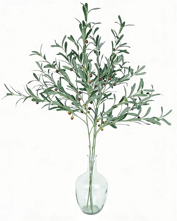 Artificial Plants Stems Olive Branches 43.3" Tall Large Faux Olive Branches Fake Greenery Leaf Stems Tree Branch Green Plant Faux Plants for Vases Home Decor Wedding Arrangement, 3 PCS