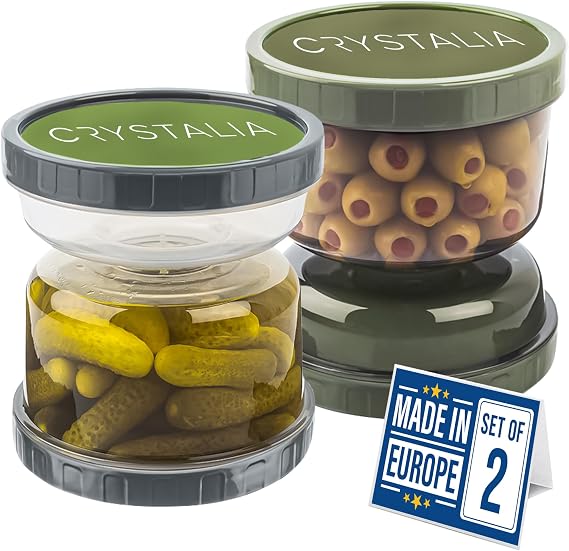 Crystalia Leak Proof Pickle Jar with Strainer Hourglass, 1000cc, Set of 2, 100% BPA FREE Leakproof Pickle Container with Strainer Flip, Upside Down Pickle Kimchi Jar, Flip Olive Jar Container