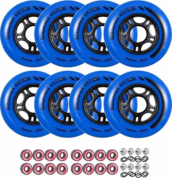 Rollerex VXT500 Inline Skate Wheels 8-Pack with Bearings, Spacers and Washers - Durable Replacement Roller Blade Wheels for Indoor & Outdoor Skating
