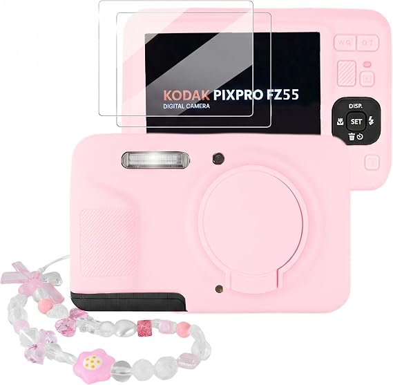 Camera Case for Kodak PIXPRO FZ55 with 2 Screen Protectors & Cute Camera Charm Wrist Strap, Soft Silicone Protective Case with Lens Cover for Kodak PIXPRO FZ55 Accessories - Two-Tone Pink