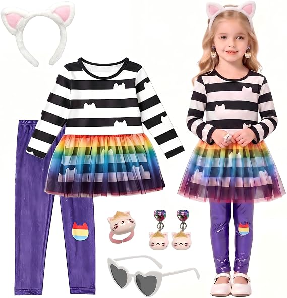 PixiePicks Girls Cat House Dress with Pants, Rainbow Birthday Costume with Cat Earings and Headband Christmas Costume Party