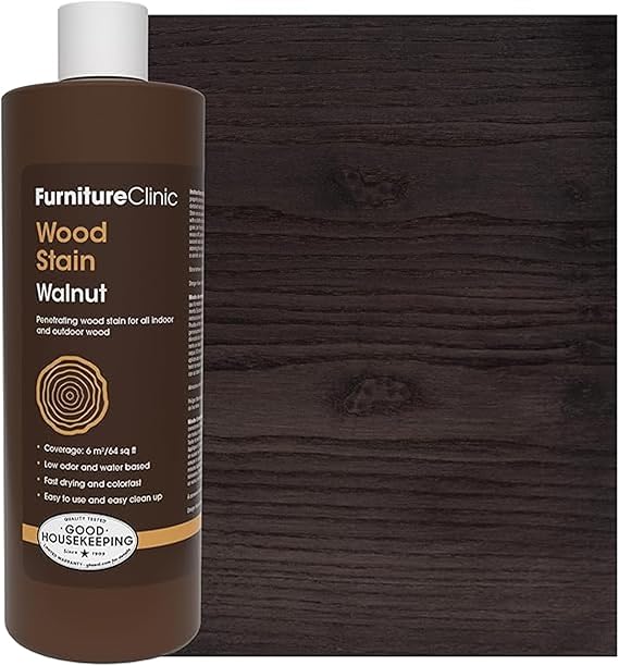 Furniture Clinic Wood Stain | Walnut | Water Based | Fast Drying, Low Odor, Non-Toxic | for Indoor & Outdoor Furniture and More | Multiple Finishes | (17oz / 500ml)
