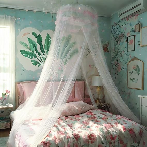 Lace Bed Canopy Mosquito Netting, Princess Bed Canopy for Girls Room Decor, White/Single Door
