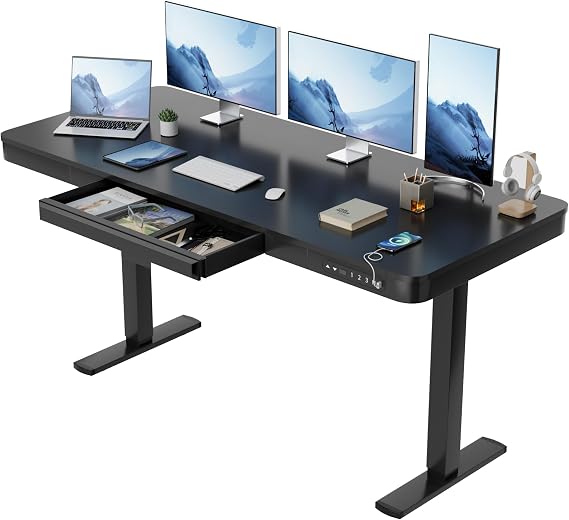 Furmax Electric Standing Desk with Drawer 55 x 24 Inch Adjustable Height Stand up Desk Home Office Computer Desk with USB Ports, Black