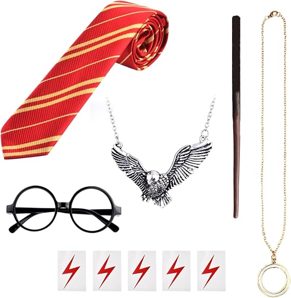 10Pcs Wizard Costume Accessories Set with Wizard Wand, Striped Tie, Round Frame Glasses, Wizard Necklace, Lightning Temporary Tattoo for Cosplay Fancy Dress Halloween Party Supplies