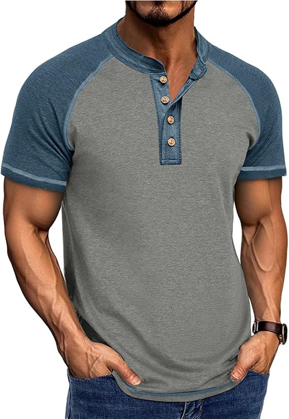 Mens Contrast Color Short Sleeve Henley Shirts Casual T-Shirts Pullover Summer Tee Shirts with Button