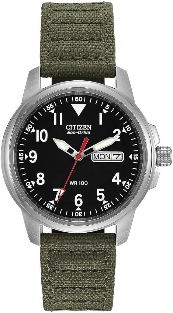 Citizen Men's Eco-Drive Weekender Garrison Field Watch in Stainless Steel with Olive Nylon Strap, Black Dial (Model: BM8180-03E)