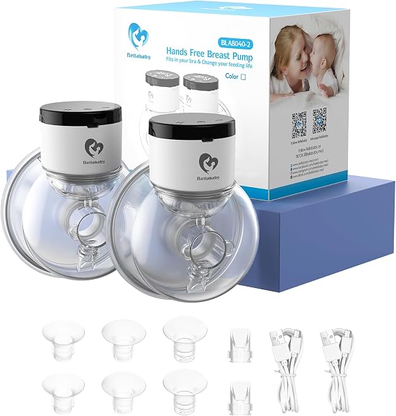 Portable Breast Pump Breast Pump Electric, Bellababy Wireless Breast Pump with Touch Screen LCD Display, with 4 Modes and 9 Suction Levels, Supplied with 24mm Flanges, 21/19/17mm Inserts, 2 Pieces