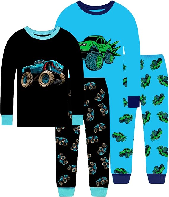 Little bety Boys 4 Pieces Cotton Pajamas Toddlers Long Sleeve 24M-12Years | Soft Sleepwear Sets With Truck ,Dinosaur,Space, UFO ,Shark Prints For Kids