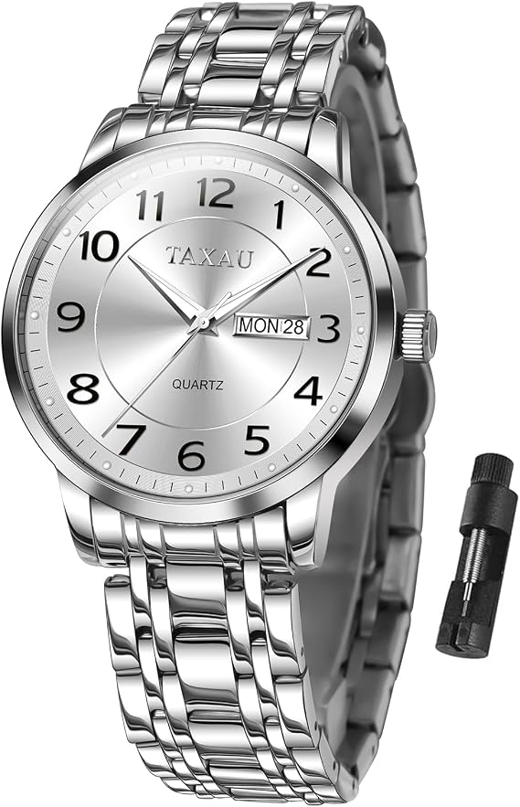 Taxau Armbanduhr Herren Analog Quarz wasserdichte Luxus Business Edelstahl Herrenuhren Multifunktion Leuchtdatum Elegantes Geschenk