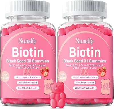 Black Seed Oil Gummies with Biotin 10,000mcg for Immune Support, Healthy Hair&Skin&Nails for Women and Men with Chlorophyll, Zinc, Vitamin A, B6, B12, C, D, E, Organic Vegan Supplement - 2 Packs