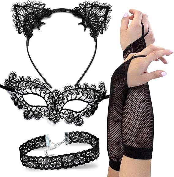 Cat Woman Accessories Make for a Sexy Cat Women Mask and Ears + Lace Choker | A Sexy cat costume needs lightweight lace catwoman mask, cat ears headband, lace choker + fishnet armsleeves catwoman costume