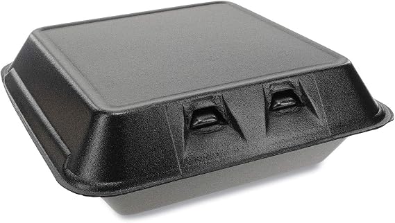 PACTIV Polystyrene Foam Large Black Economy 1-Compartment Hinged-Lid Takeout Container, 8 Ounce Capacity - 150 per case.