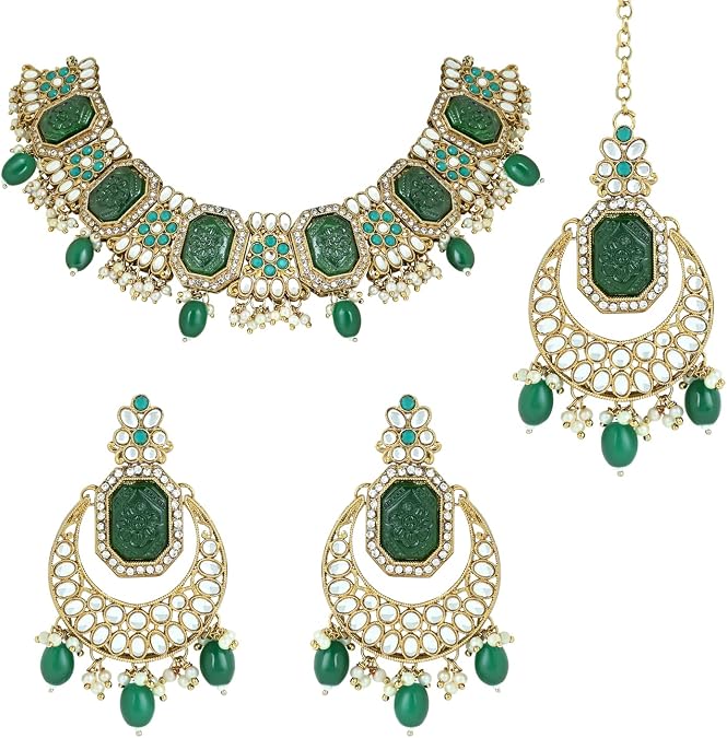 I Jewels Gold Plated Indain Wedding Bollywood Pearl Kundan & Stone Studded Jewellery Necklace Set with Maang Tikka for Women (K7238-1)