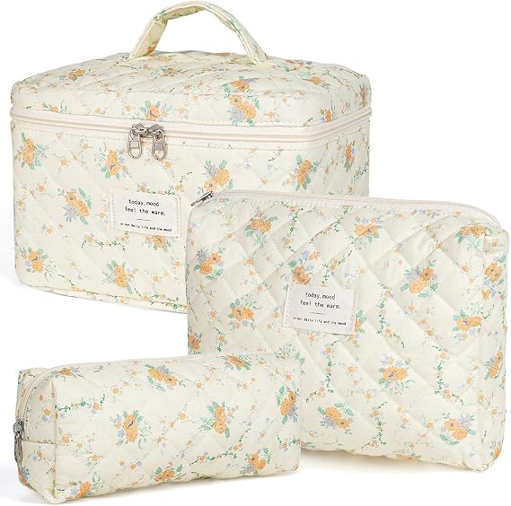 GSenhui Women's Quilted Toiletry Bag Set Make Up Bag Aesthetic Cosmetic Bag Flowers Portable Makeup Bag with Floral Pattern Toiletry Bag for Girls Women Pack of 3