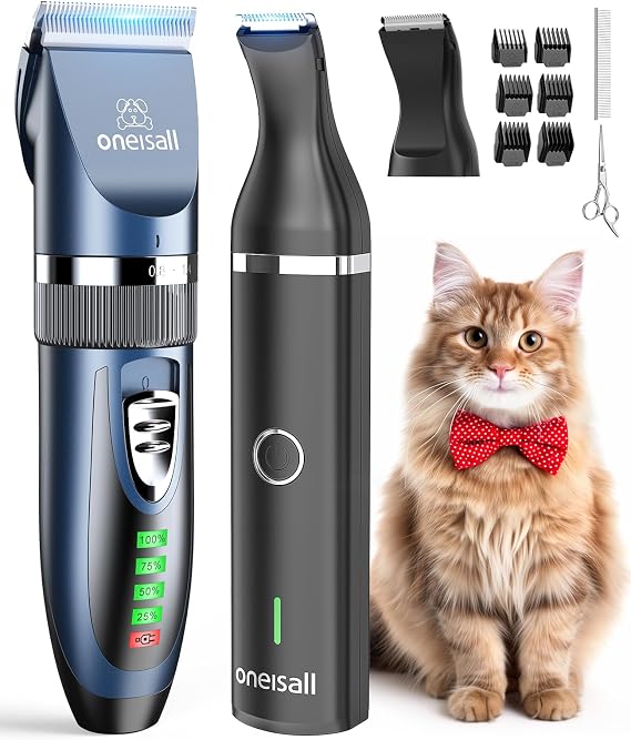 oneisall Cat Clippers and Paw Trimmer 3 in 1 Cat Grooming Kit | for Matted,Long,Thick Coat,2-Speed Cordless Pet Clippers, Quiet Cat Grooming Kit for Cat