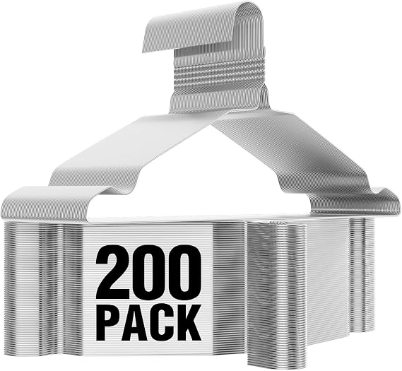 SPECILITE Metal Wire Clothes Hangers Bulk 200 Pack with Grooves, Silver | 16 Inch 12 Gauge Ultra Thin for Commercial and Home, Fit Standard Size Clothes, Coats, Suits, Shirts, Space Saving, Non Slip