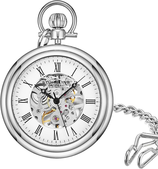 Stuhrling Original Men's Pocket Watch Stainless Steel Analog Skeleton Watch Hand Wind Mechanical Movement Stainless Steel Chain