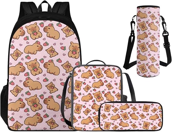 Strawberry Capybara Bag,Cute Bookbag School Supplies for Kids Back to School Multifunctional Backpacks Set of 4 for 3rd Grade Boys Girls children's Lunch Box Pencil Case Water Bottle Holder