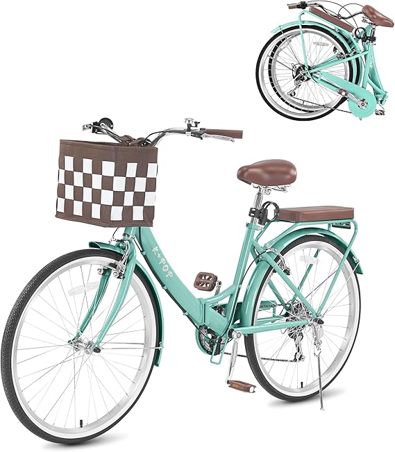 24/26 Inch Foldable Bike, 7 Speed Beach Cruiser Bike for Women, Folding Bikes for Adults, Womens City Bikes with Basket & Adjustable Seat, Step Through Commute Bicycle for Women Adults
