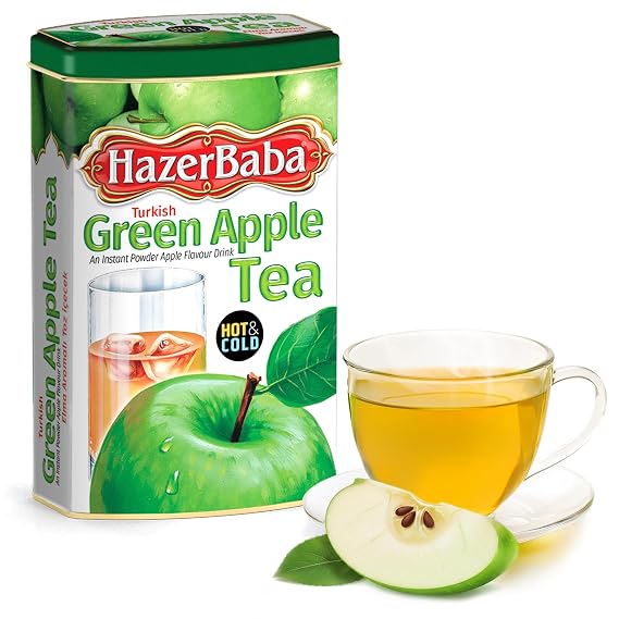 HazerBaba Turkish Apple Tea Powder, Instant Drink 8.8oz (Pack of 1), Kosher | Water Flavoring Tin Drink Mix Box, Cold Ice Tea, Hot Sweet Tea Beverage, Water Enhancer, Green Apple Juice Box, Caffeine Free