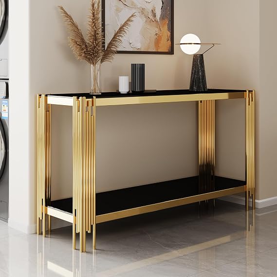 Black Glass Console Table, Modern Entryway Table with Gold Stainless Steel Leg, 2-Tier Narrow Console Table with Storage, Long Sofa Table Behind Couch, Hallway Table for Living Room Foyer Entrance
