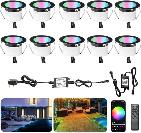 RGBW WiFi Led Decking Lights Waterproof IP67 Ø45MM 12V - Bluetooth Led Plinth Lights for Terrace/Patio/Path/Wall/Garden/Decoration, 10 Packs [Energy Class E]