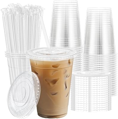 12 oz 100 Pack Plastic Cups with Lids and Straws, Sturdy Food Safe Iced Clear Coffee Cups Disposable Smoothie Cups for Cold Drinks