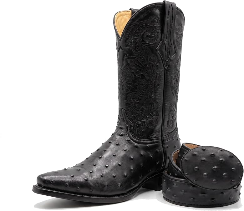 Western Shops Mens Leather Cowboy Boots Embossed Ostrich Quill Print Western Boot with Free Belt
