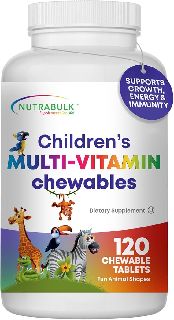 NutraBulk Childrens Chewable Multi-Vitamins - Promoting Kids' Overall Development - USA-Made, May Help to Support Immune, Bone, Brain & Overall Well Being- Vegan & Gluten Free - 120 Cherry Tablets