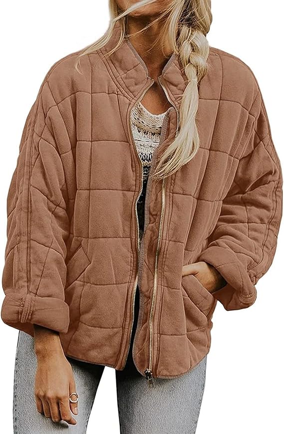 Quilted Puffer Jacket Women Lightweight Short Zip Up Padded Coat Pockets Jackets Long Sleeve Oversized Warm Winter