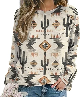 ZOCAVIA Western Aztec Sweatshirts for Women Retro Ethnic Graphic Crewneck Long Sleeve Pullover Tops Fall Casual Country Shirt