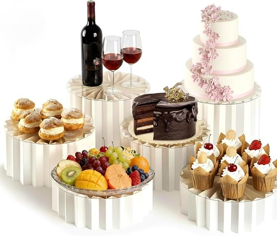 Buffet Risers, 4 Pack Foldable Cake Display Risers, White Cardboard Cylinder Stands with Round Acrylic Plates, Cake Cupcake Stands, Dessert Tables, for Cupcake, Candy, Brunch, Dessert, Buffet