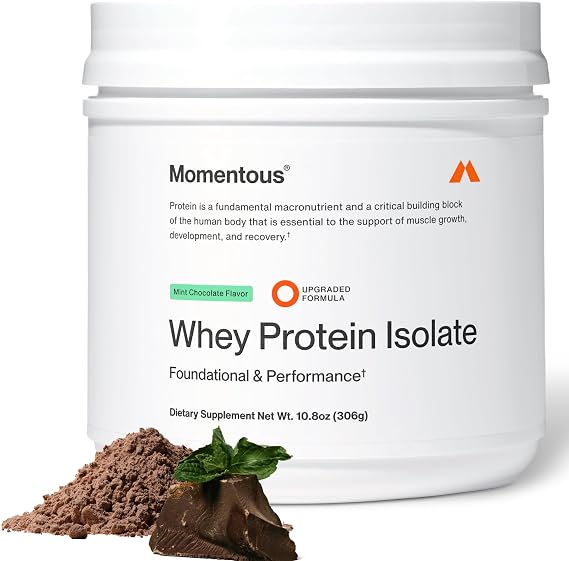 Momentous Grass-Fed Whey Protein Isolate Powder, 20g, Mint Chocolate | Supports Lean Muscle & Recovery, ProHydrolase Enzymes, NSF Certified for Sport, Non-GMO & Gluten-Free (12 Servings)