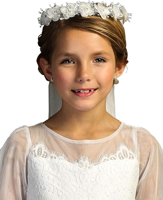 iGirlDress Girls First Communion White Floral and Pearls Wreath Crown Veil