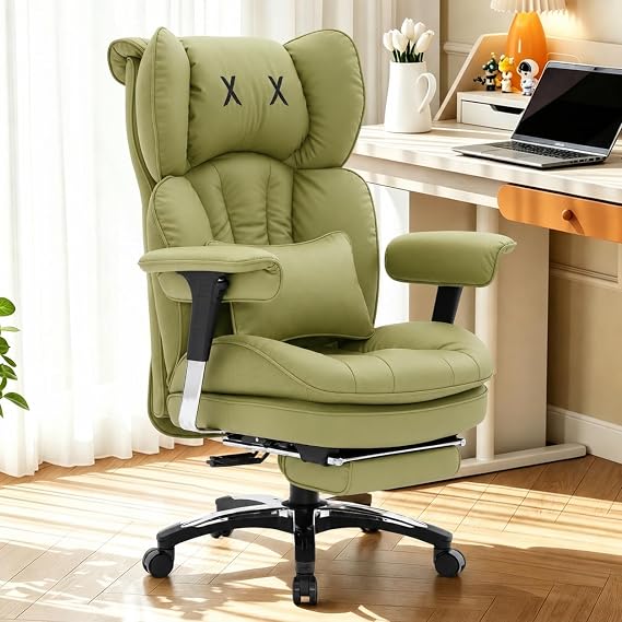 Efomao Desk Office Chair, Big and Tall Heavy Duty Executive Computer Chair, Unique XX Embroidery Ergonomic High Back PU Leather Chair with Retractable Footrest