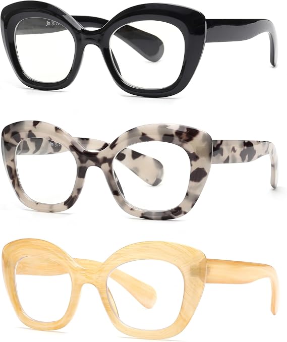JM 3 Pack Oversized Cat Eye Reading Glasses for Women, Blue Light Readers