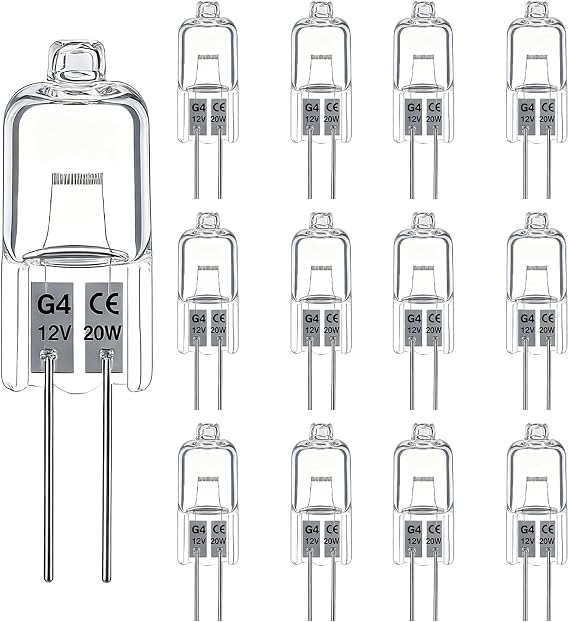 G4 Halogen Bulbs 20W, 12 Pack Halogen Light Bulbs 12V 20W Warm White 2700K, Clear Capsule 2 Pin Lamp Bulb Dimmable for Cooker Hood, Cabinet, Table Lamps, Ceiling Lights [Energy Class G]