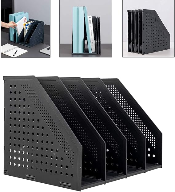 A4 File Holder Folding Bookshelf ,,4 Vertical Compartments magazine file holder,Desk Organizer Document Folder for Office Organization and Storage (Dark gray)