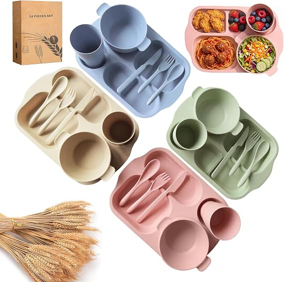 24pcs Wheat Straw Dinnerware Set for 4 Color Options，Unbreakable Plates | Dinnerware Set Divided Plates, Bowls, Cups & Cutlery, Reusable Eco-Friendly Tableware for Kids, Camping, Parties & Home Use