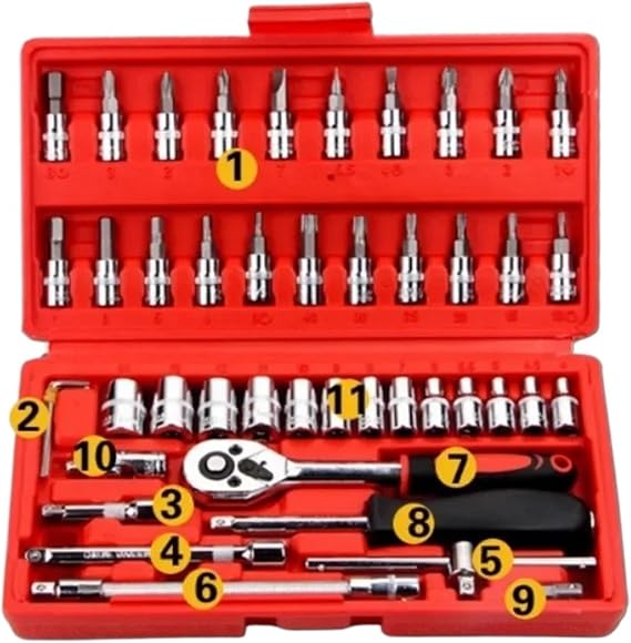 46 Pieces 1/4 Inch Drive Socket Ratchet Wrench Set Automobile Maintenance Tool Socket Wrench Combination Hardware Tool Car Tools(Red)