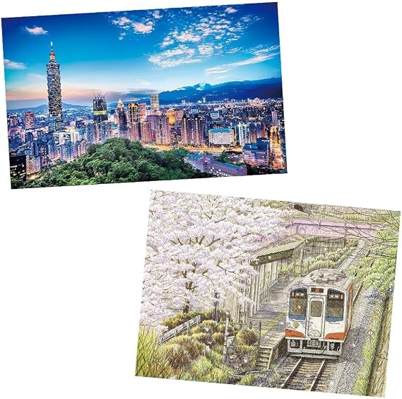 Pintoo - Two Plastic Jigsaw Puzzles Bundle - 4000 Piece - The Beautiful Sunset of Taipei and 1200 Piece - Tadashi Matsumoto - Sakura in Full Bloom [H2040+H3058]