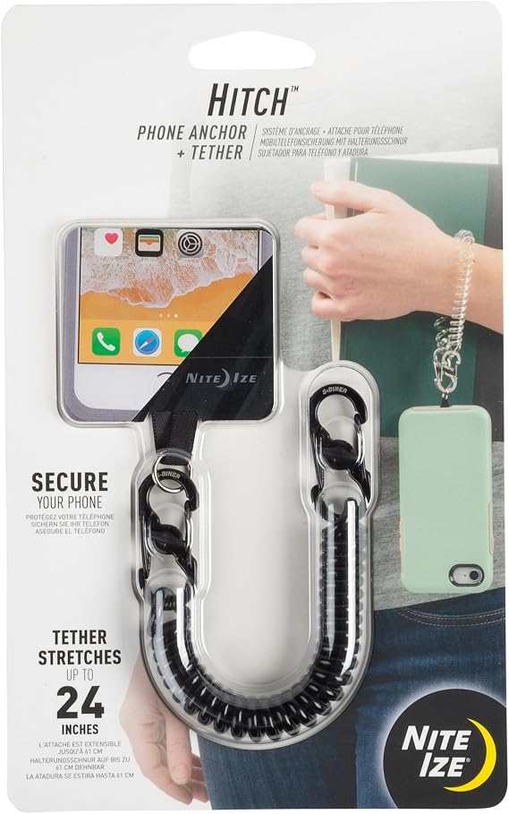 Nite Ize Hitch Phone Anchor & Tether - Durable, Coiled Phone Tether for Everyday & Outdoor Use - Adventure-Proof Design for Drop & Theft Protection - Compatible with Corded & Wireless Charging
